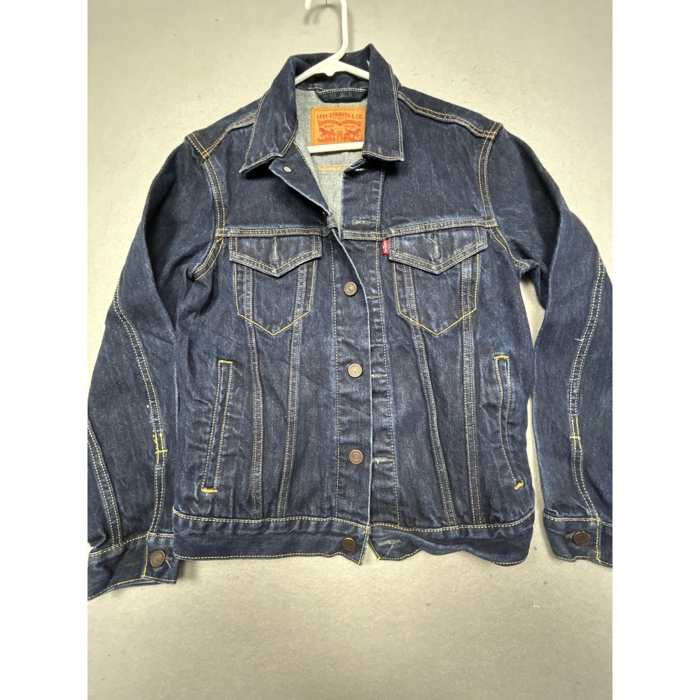 Levi Strauss Denim Trucker Jacket Buck Yeah Embroidery Blue Size Small Mens